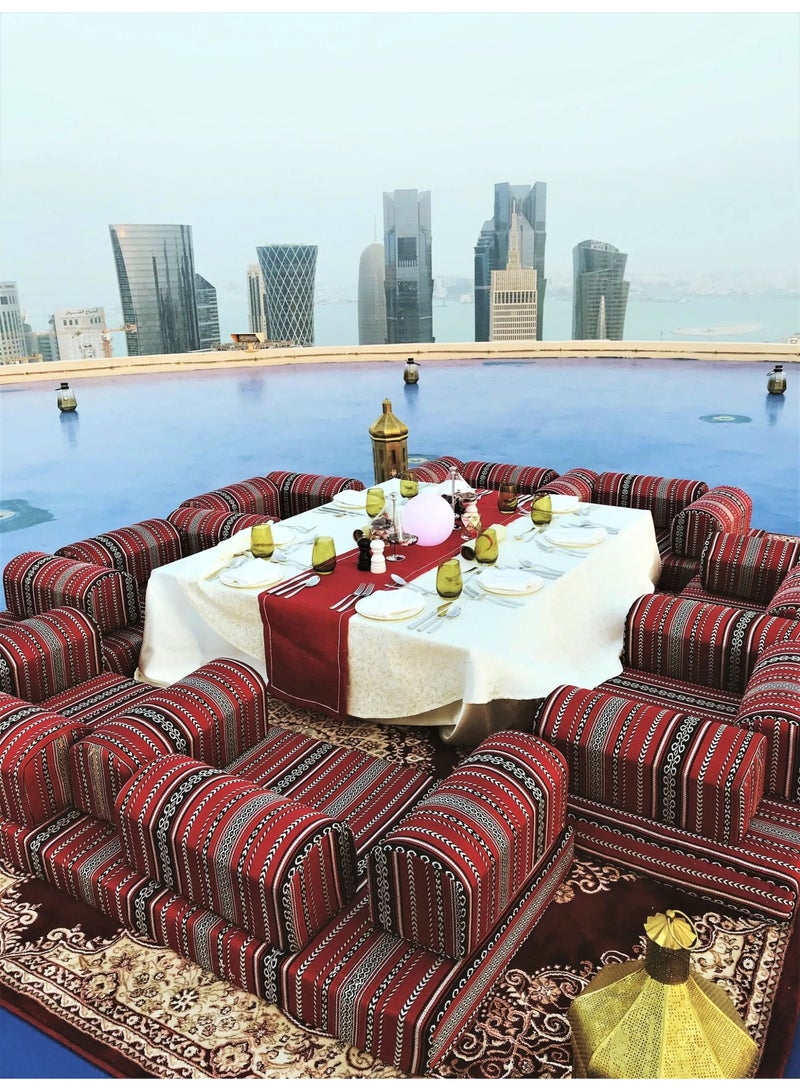 Xboat Traditional Arabic Majlis Floor Seating Set Elegant Arabic Majlis floor seating set featuring comfortable red patterned cushions arranged around a central . Ideal for dining, gatherings, Ramadan, and cultural events. Suitable for indoor and outdoor use including homes, rooftops, and event setups. Perfect for creating a warm and traditional hospitality experience. - Image 2
